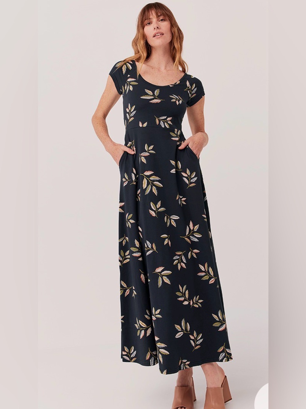 Pact Golden Blue Hour Leaves Organic Cotton Crossback Stretch Maxi Dress Sz L